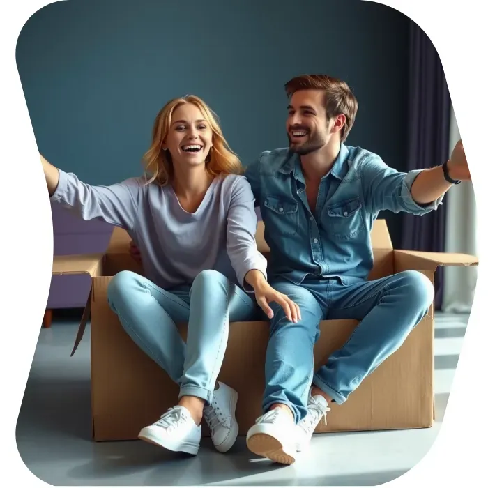 Two guys sitting on the floor of their apartment with Muval moving boxes